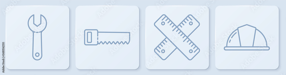 套线扳手、十字尺、手锯和工人安全帽。白色方形按钮。V形