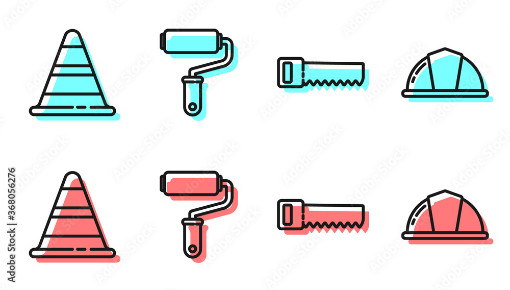 设定线手锯、交通锥、油漆滚筒刷和工人安全帽图标。矢量。