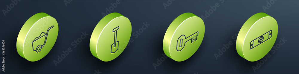 Set Isometric Shovel, Shovel, Old key and Construction bubble level icon. Vector.