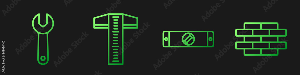 设置线施工气泡水平仪、扳手、T形直角线和砖块。渐变色图标。