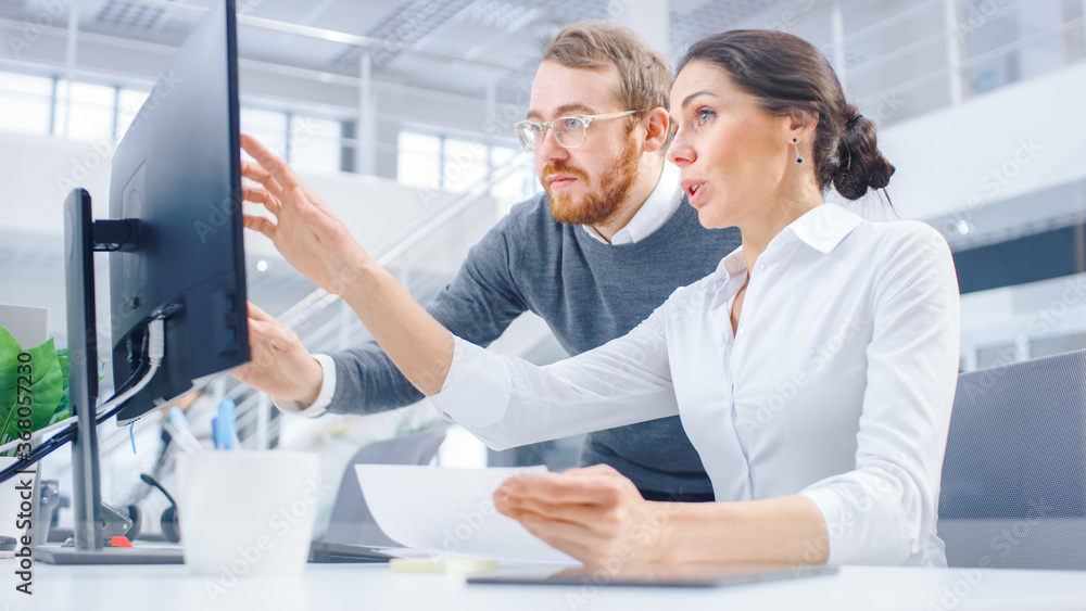 Beautiful Businesswoman Uses Desktop Computer, Consults Her Project Manager about Documents with Gra