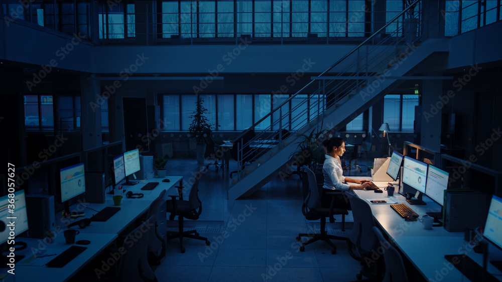 Alone Working Late at Night in the Office: Businesswoman Using Desktop Computer, Analyzing, Using Do