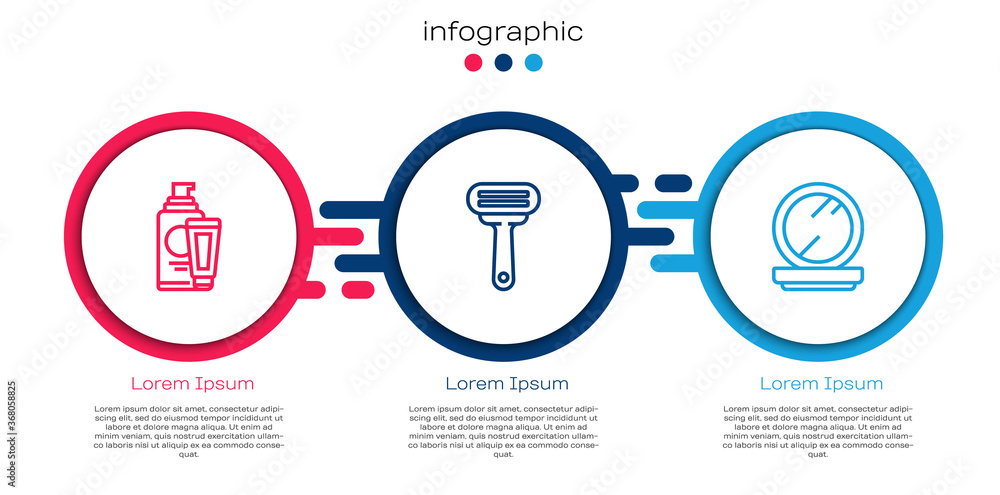 Set line Cream or lotion cosmetic tube, Shaving razor and Makeup powder with mirror. Business infogr