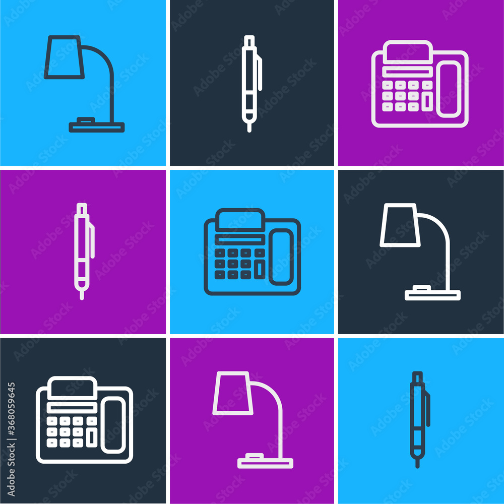 Set line Table lamp, Telephone and Pen icon. Vector.