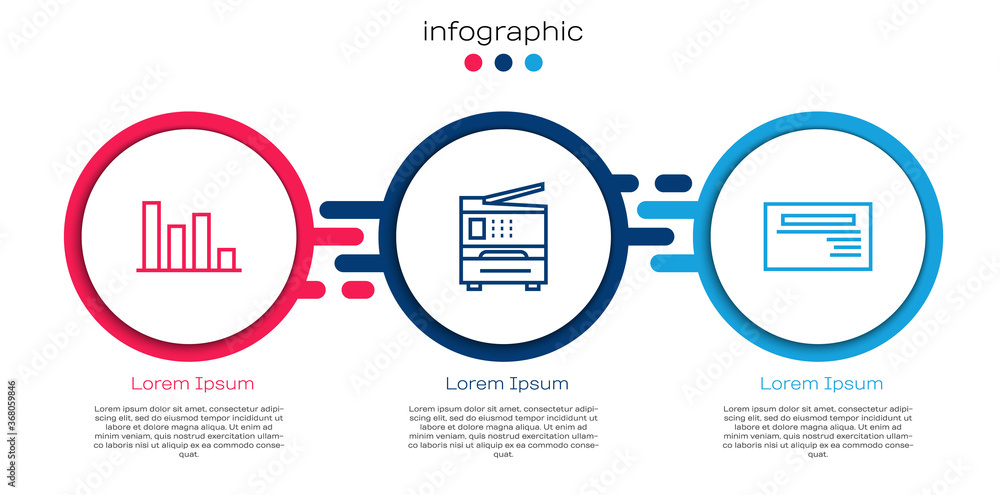 设置线条饼图信息图，打印机和名片。商业信息图模板。矢量。