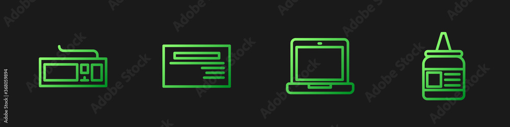 Set line Laptop, Keyboard, Business card and Glue. Gradient color icons. Vector.