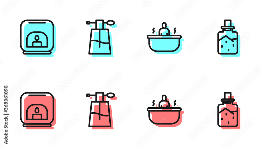 Set line Bathtub, Aroma lamp, Perfume and Spa salt icon. Vector.