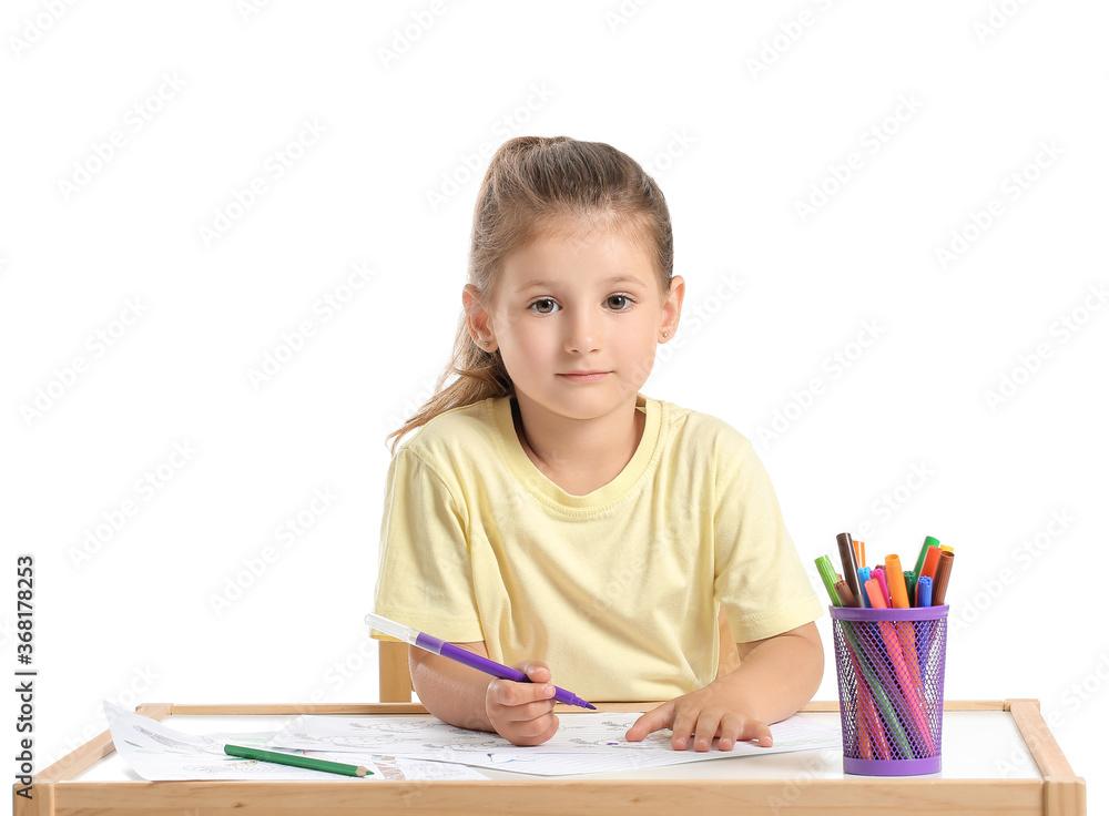 Cute little girl with coloring pictures on white background