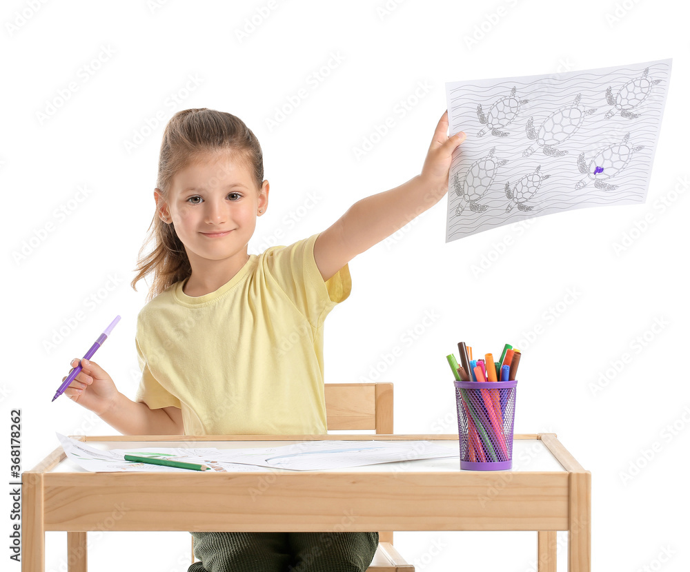 Cute little girl with coloring pictures on white background