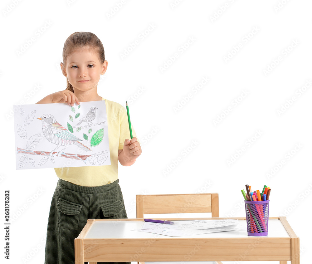 Cute little girl with coloring pictures on white background