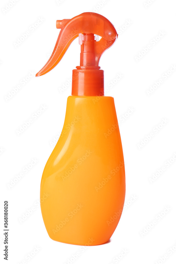 Bottle of sunscreen on white background