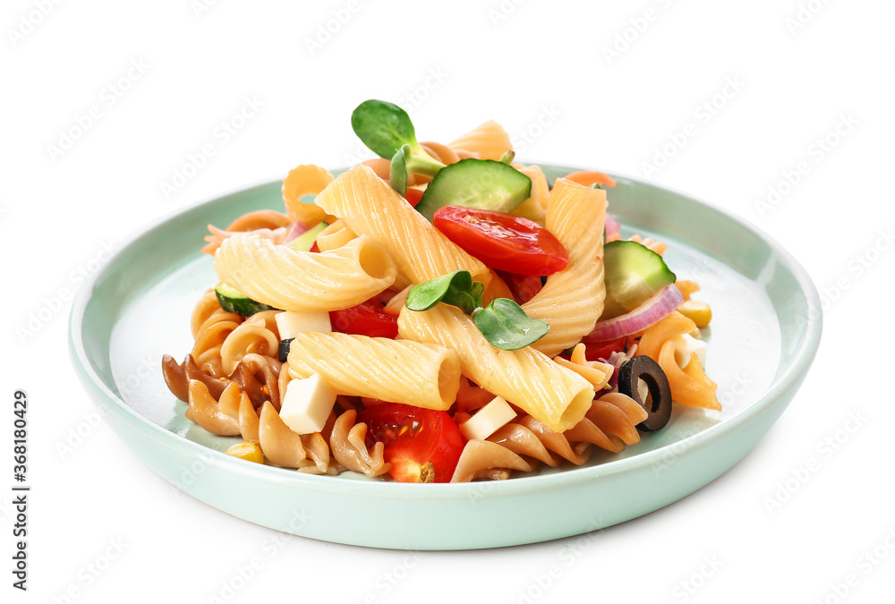 Plate with tasty pasta salad on white background