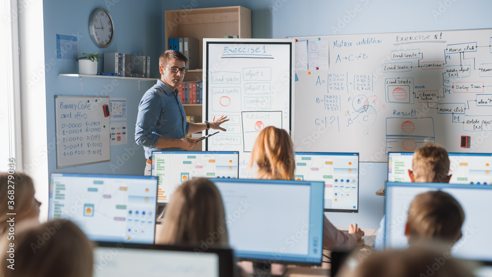 Elementary School Class: Teacher Uses Interactive Digital Whiteboard, Explains Lesson to Diverse Gro