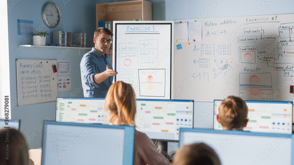 Elementary School Class: Teacher Uses Interactive Digital Whiteboard, Explains Lesson to Diverse Gro