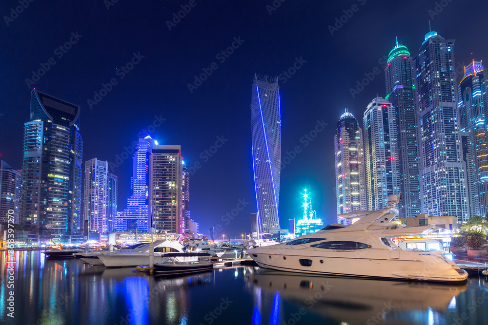 Cityscape of the Dubai Marina at night, UAE