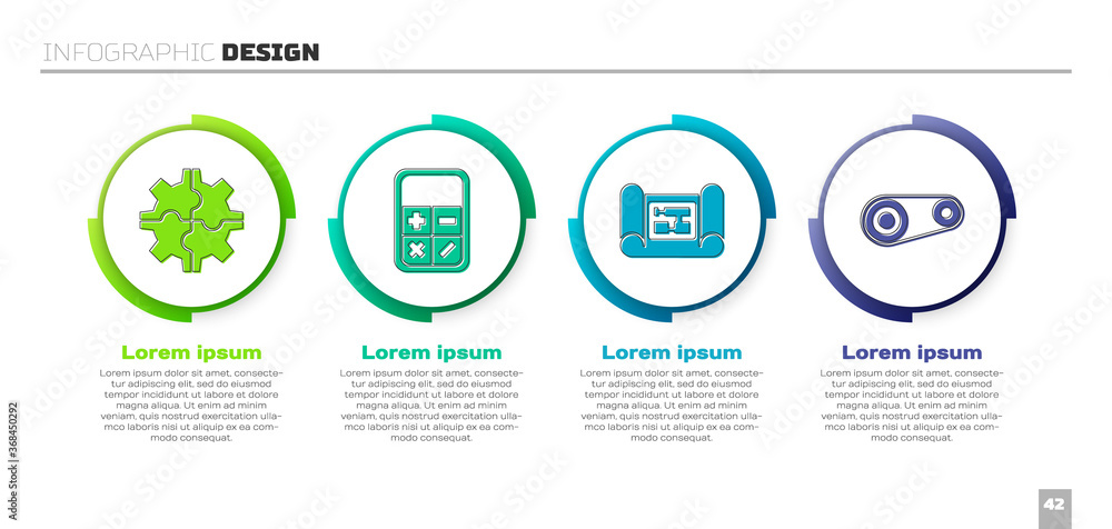 设置齿轮、计算器、房屋平面图和正时皮带套件。商业信息图模板。矢量。