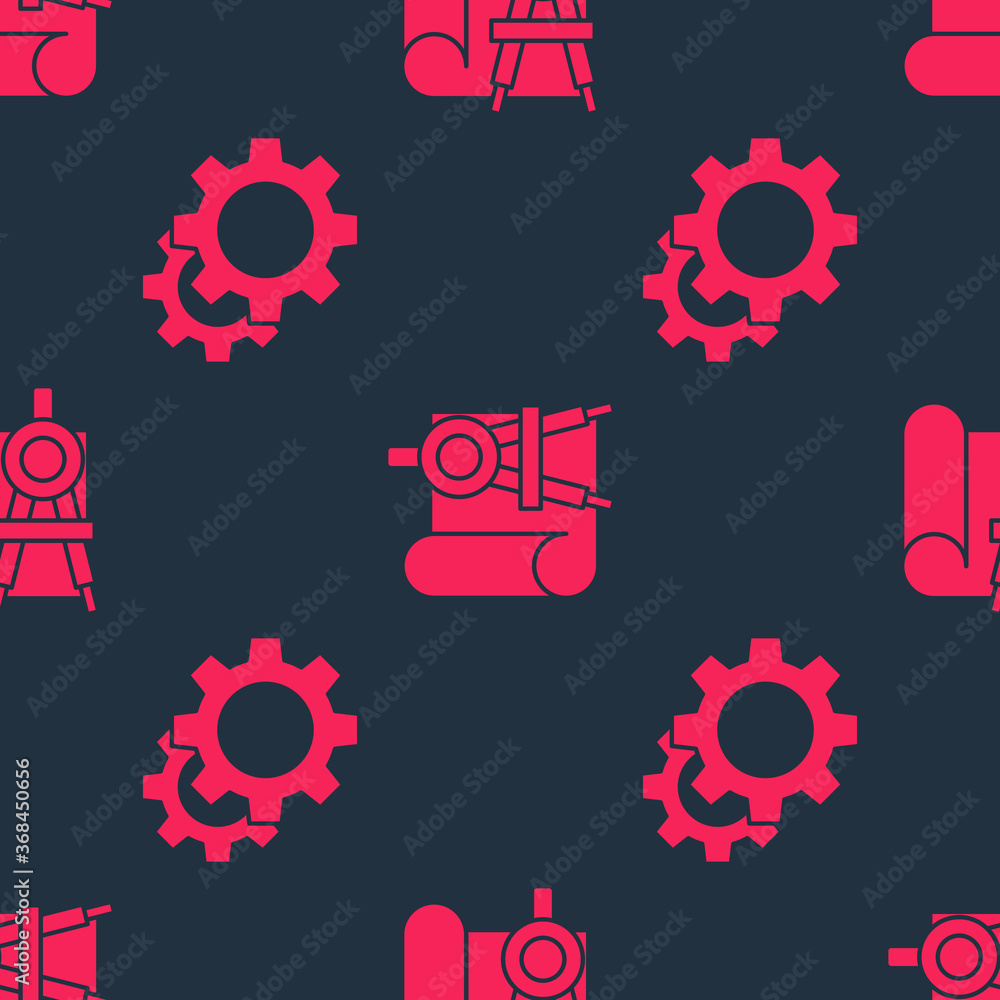 Set Gear and Graphing paper and compass on seamless pattern. Vector.