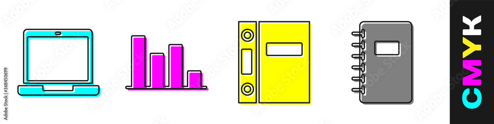 设置笔记本电脑，饼图信息图，办公文件夹和螺旋笔记本图标。矢量。