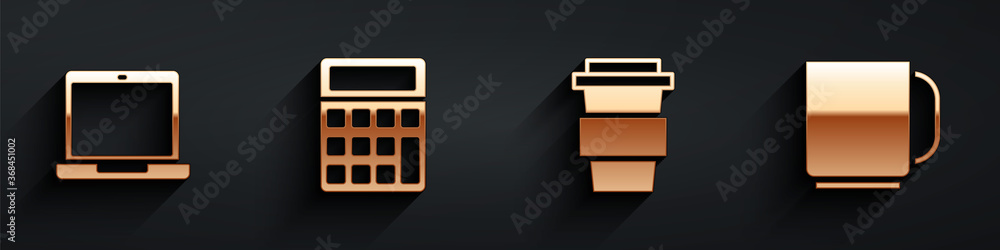 Set Laptop, Calculator, Coffee cup to go and Coffee cup icon with long shadow. Vector.