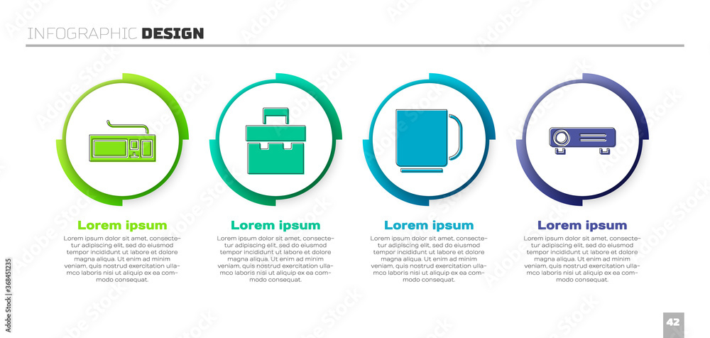 Set Keyboard, Briefcase, Coffee cup and Movie, film, media projector. Business infographic template.