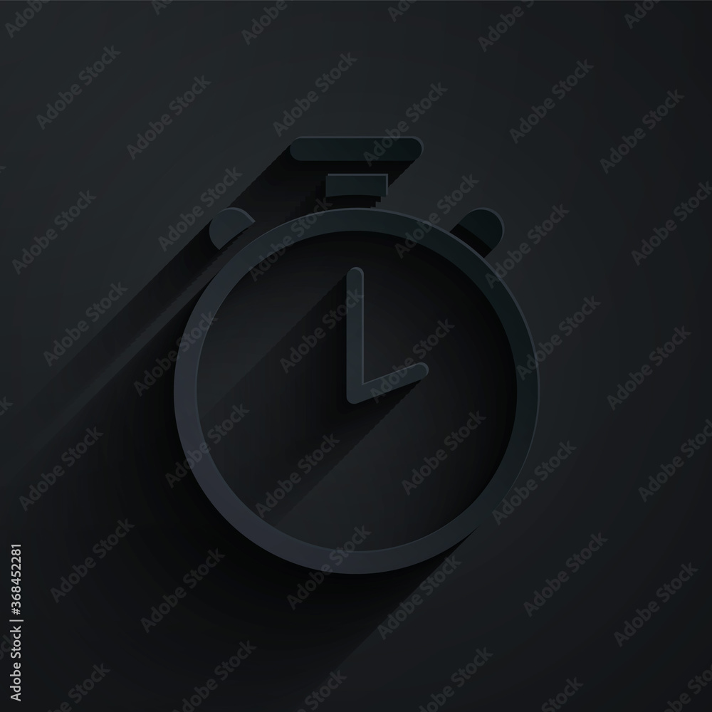 Paper cut Stopwatch icon isolated on black background. Time timer sign. Chronometer sign. Paper art 