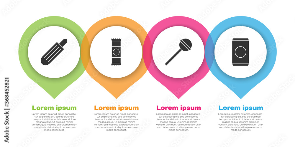 Set French hot dog, Chocolate bar, Lollipop and Soda can with straw. Business infographic template. 