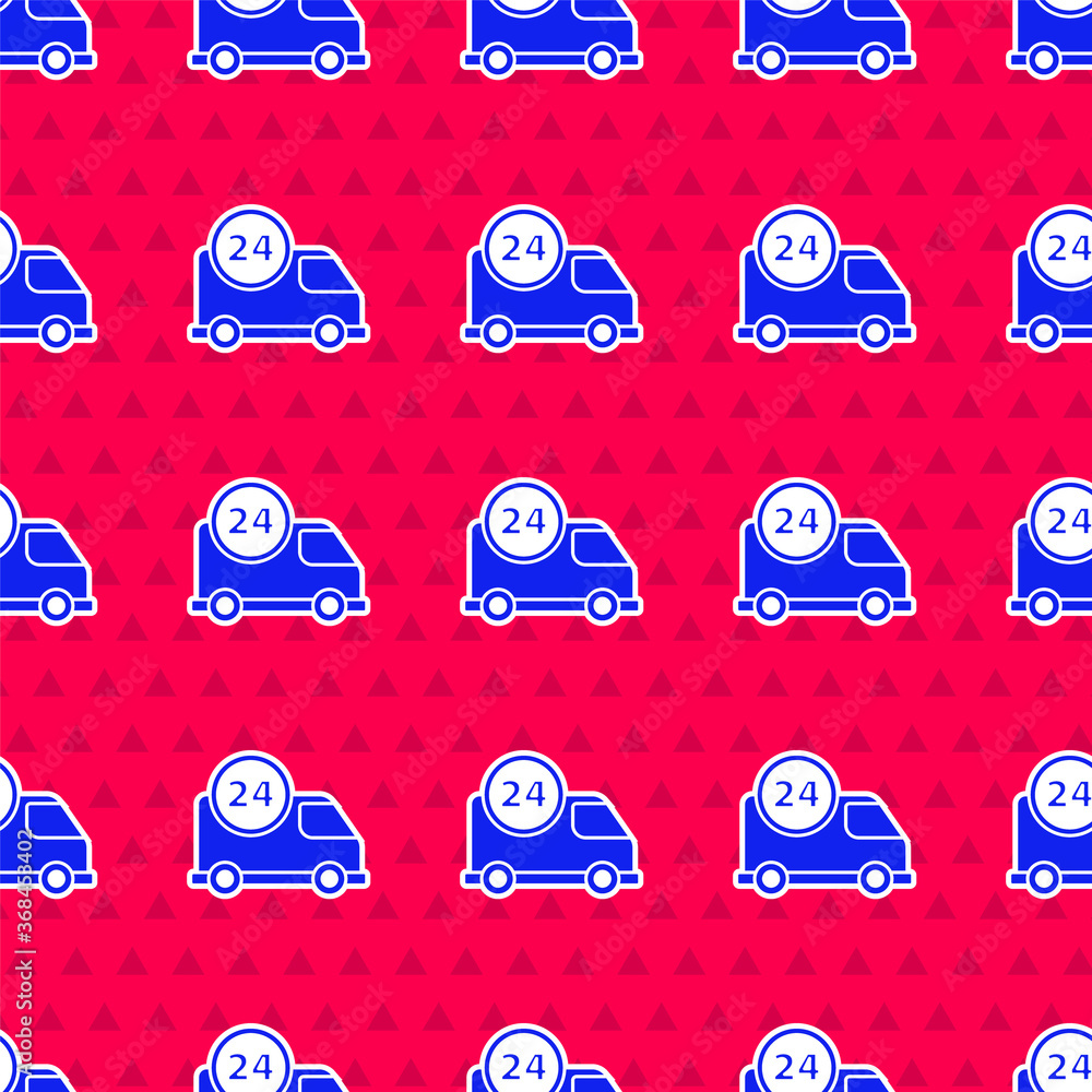 Blue Fast round the clock delivery by car icon isolated seamless pattern on red background. Vector I