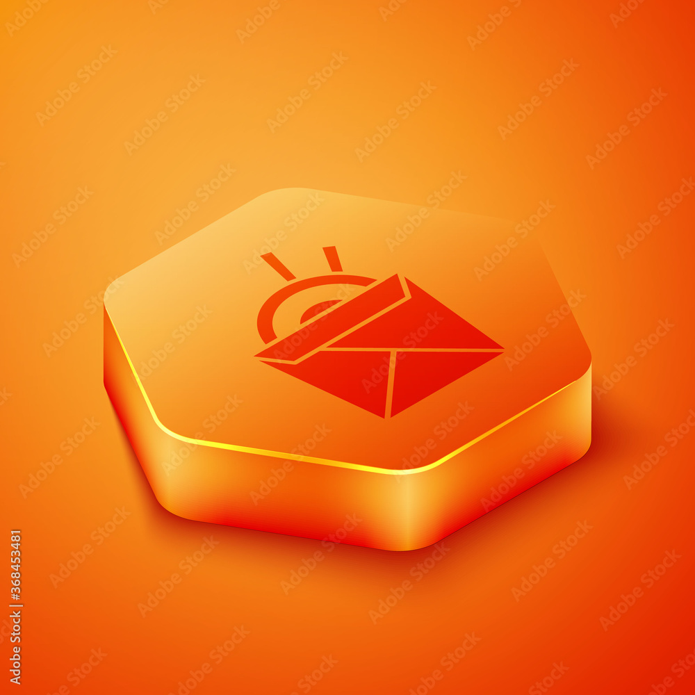 Isometric Asian noodles in paper box and chopsticks icon isolated on orange background. Street fast 