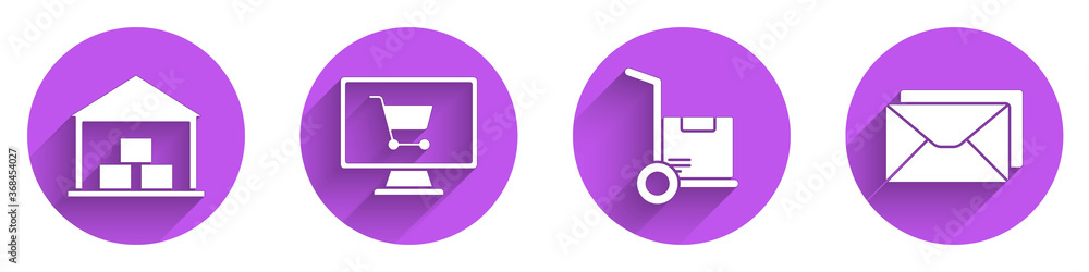 Set Warehouse, Shopping cart on computer, Hand truck and boxes and Envelope icon with long shadow. V