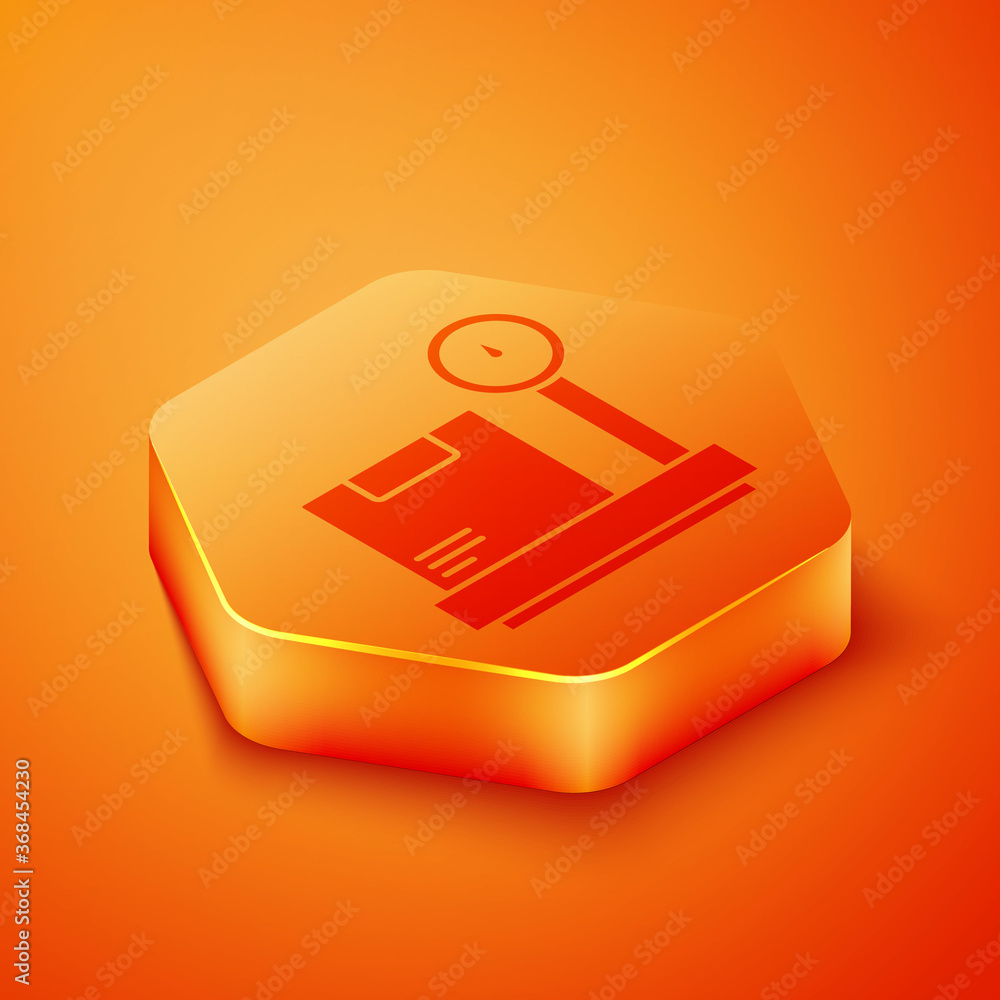 Isometric Scale with cardboard box icon isolated on orange background. Logistic and delivery. Weight