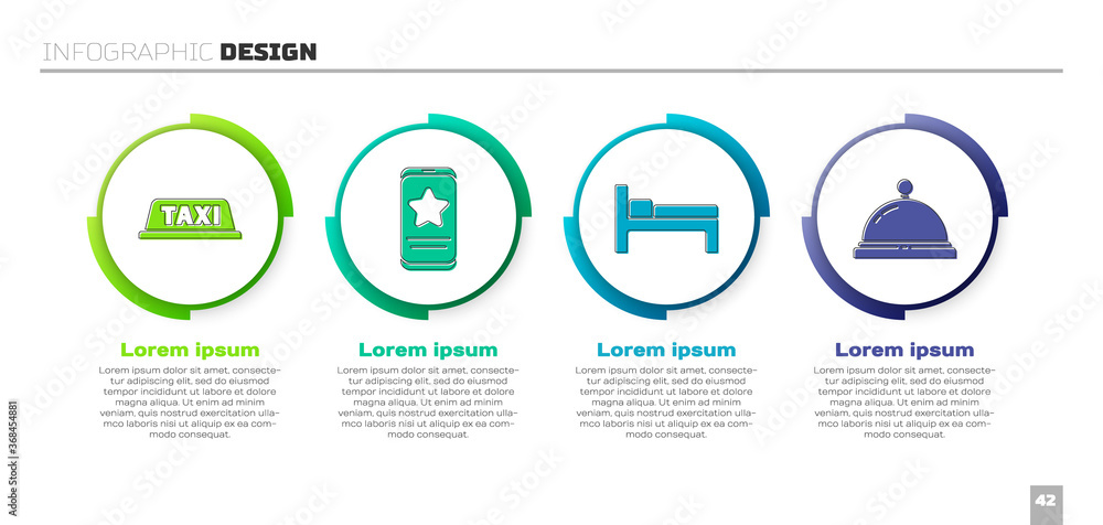 设置出租车车顶，带评论评级的移动电话，床和酒店服务铃声。商业信息图templ