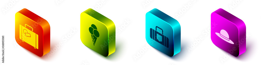 Set Isometric Suitcase, Ice cream in waffle cone, Suitcase and Elegant women hat icon. Vector.