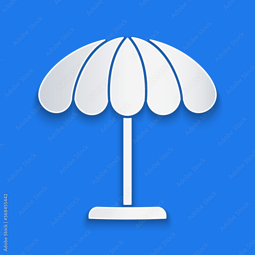 Paper cut Sun protective umbrella for beach icon isolated on blue background. Large parasol for outd