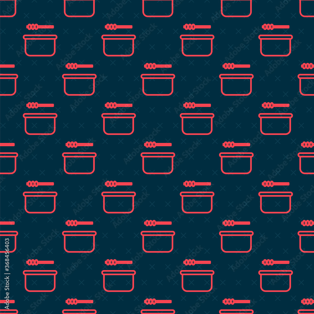 Red line Sauna bucket and ladle icon isolated seamless pattern on black background. Vector Illustrat