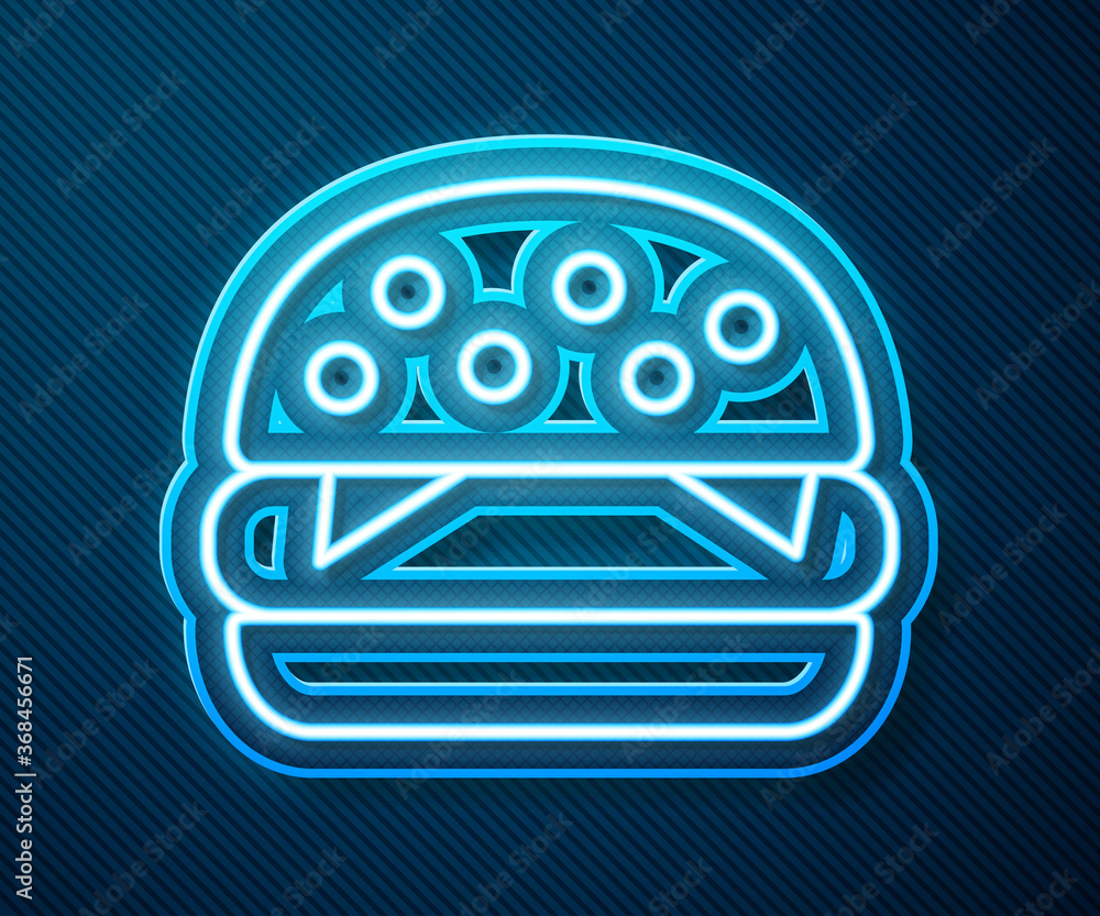 Glowing neon line Burger icon isolated on blue background. Hamburger icon. Cheeseburger sandwich sig