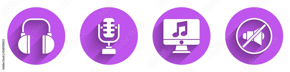 设置耳机、麦克风、带音符的电脑和带长阴影的扬声器静音图标。矢量。
