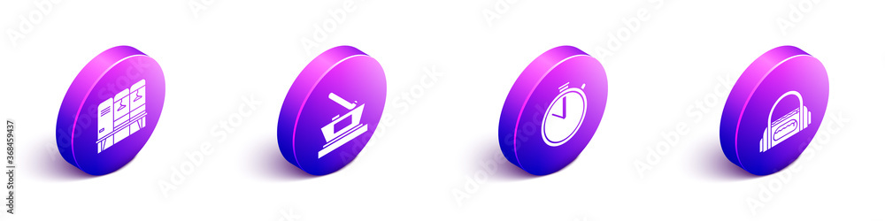 Set Isometric Locker or changing room, Ice hockey cup champion, Stopwatch and Sport bag icon. Vector