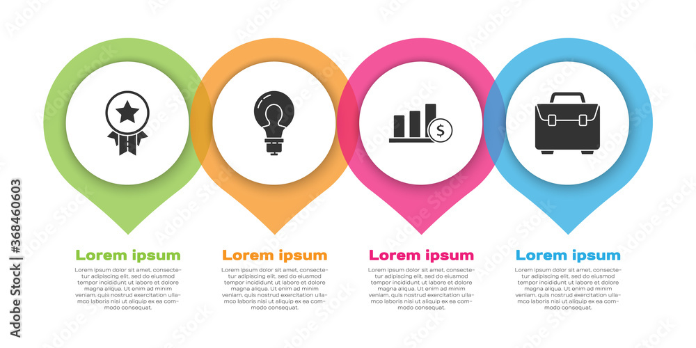 Set Medal with star, Light bulb with concept of idea, Pie chart infographic and dollar and Briefcase