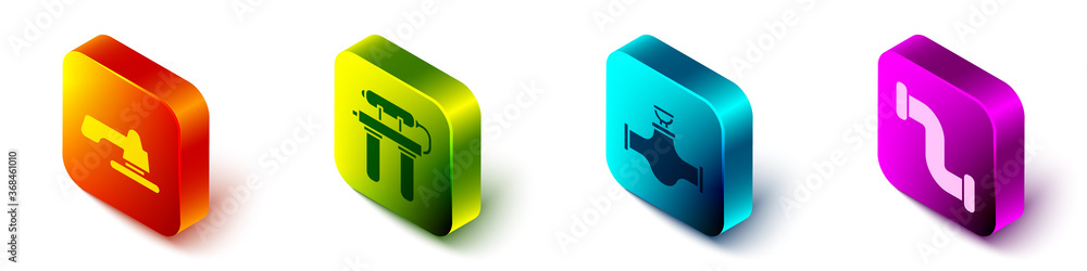 Set Isometric Water tap, Water filter, Industry pipe and valve and Industry metallic pipe icon. Vect