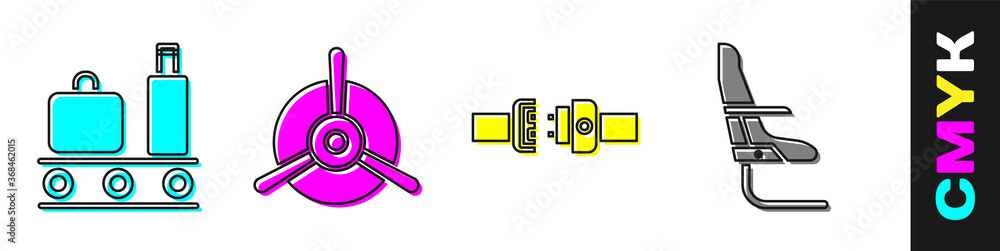 设置带行李箱、飞机螺旋桨、安全带和飞机座椅图标的机场传送带。Vector