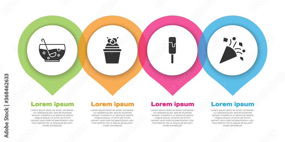 Set Mixed punch in bowl, Cake, Ice cream and Festive confetti. Business infographic template. Vector