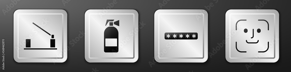 设置停车场护栏、灭火器、密码保护和人脸识别图标。银色平方