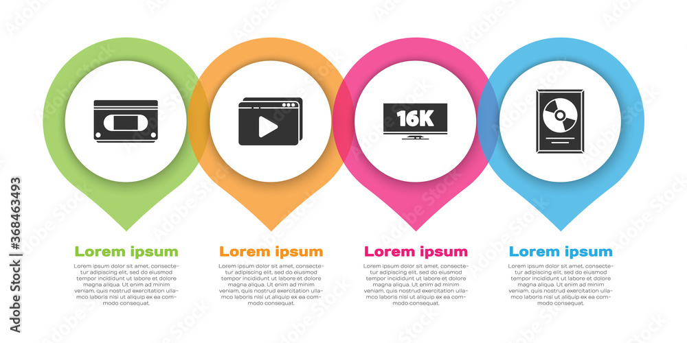 Set VHS video cassette tape, Online play video, Screen tv with 16k and CD disk award in frame. Busin