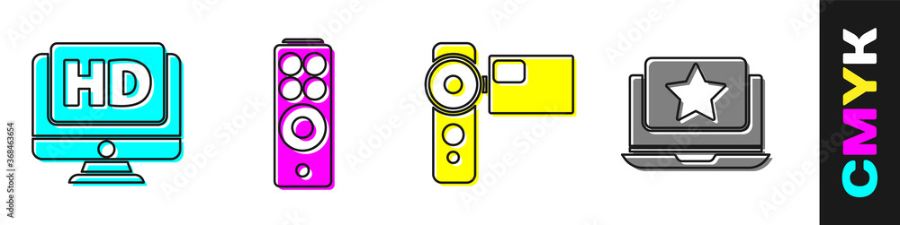 设置高清视频显示器、遥控器、影院摄像机和带星形图标的笔记本电脑。矢量。