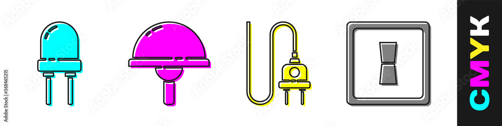 设置发光二极管、发光二极管、电气插头和电灯开关图标。矢量