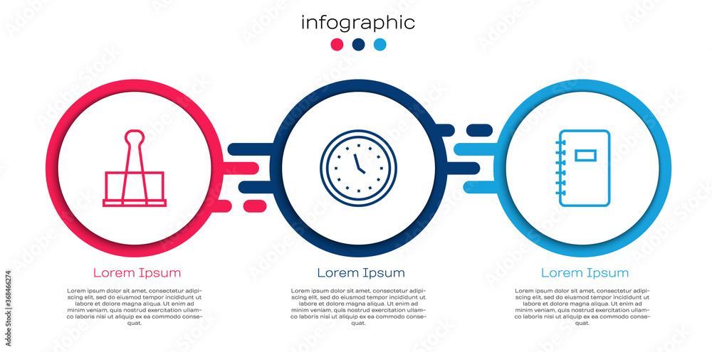 Set line Binder clip，Clock and Spiral笔记本。商业信息图模板。Vector。