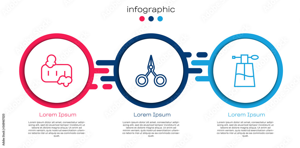 Set line Bar of soap with foam, Scissors and Perfume. Business infographic template. Vector.