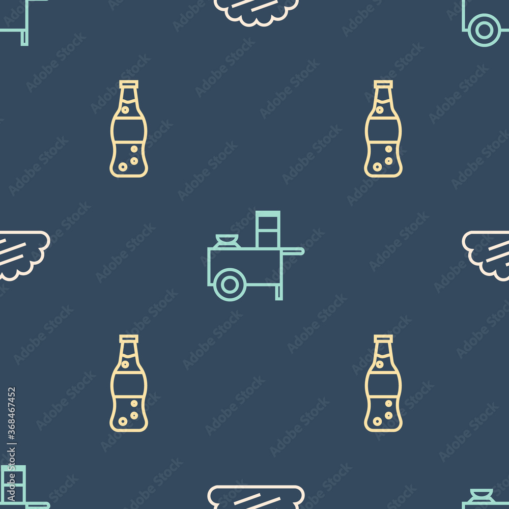 Set line Taco with tortilla, Bottle of water and Fast street food cart on seamless pattern. Vector.