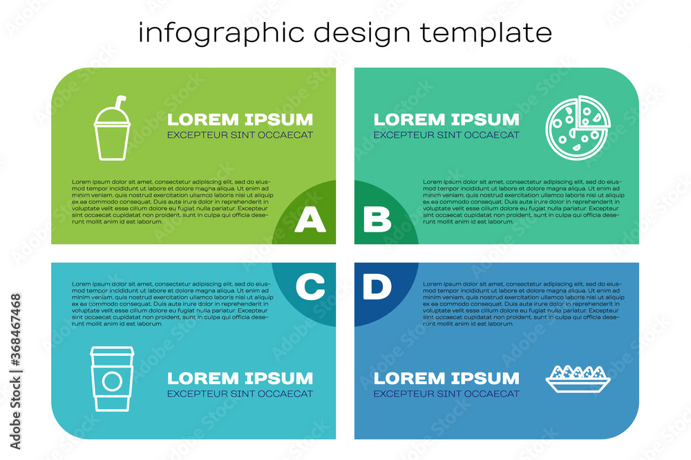 Set line Coffee cup to go, Milkshake, Nachos in plate and Pizza. Business infographic template. Vect