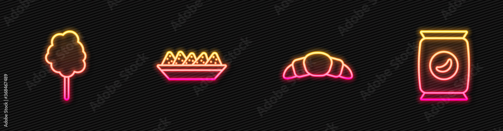 Set line Croissant, Cotton candy, Nachos in plate and Bag or packet potato chips. Glowing neon icon.